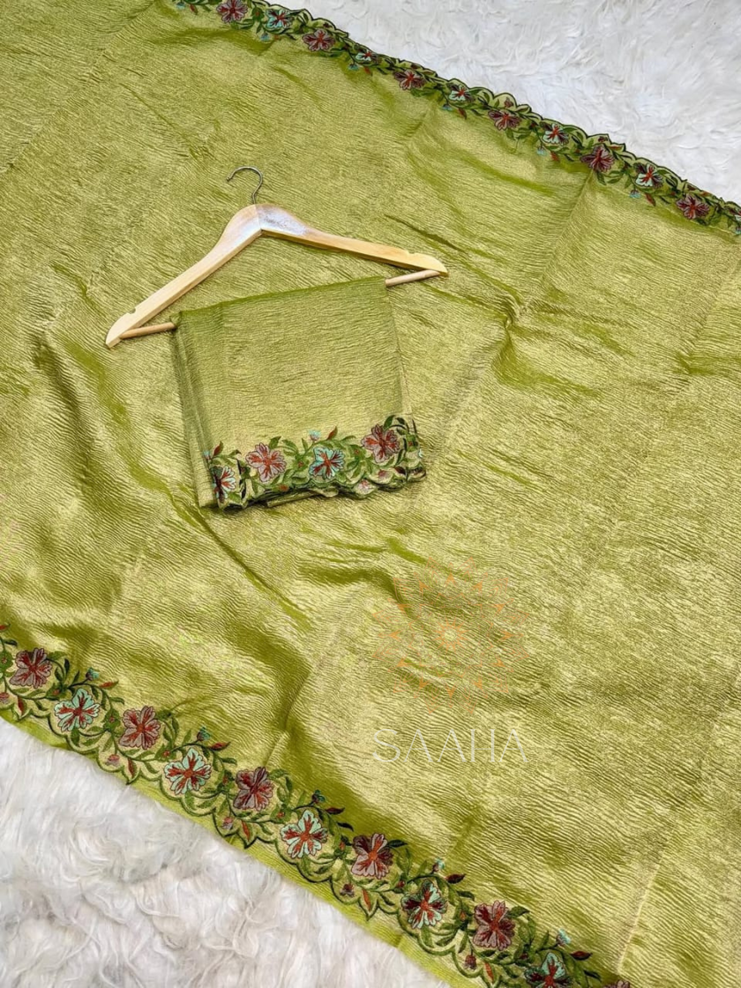 Garden Muse_Light Green Soft Crushed Banarasi Tissue Silk Saree