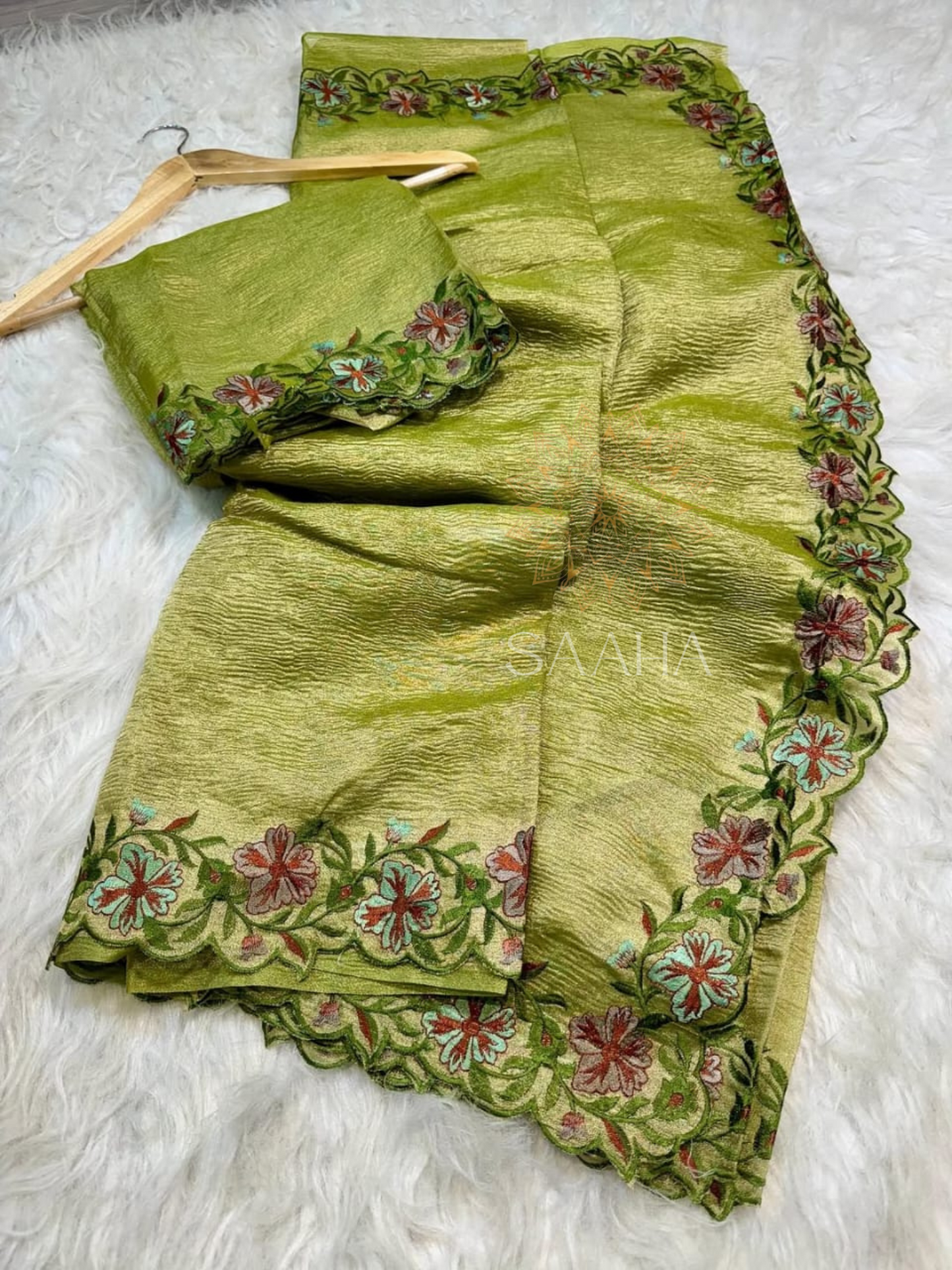 Garden Muse_Light Green Soft Crushed Banarasi Tissue Silk Saree