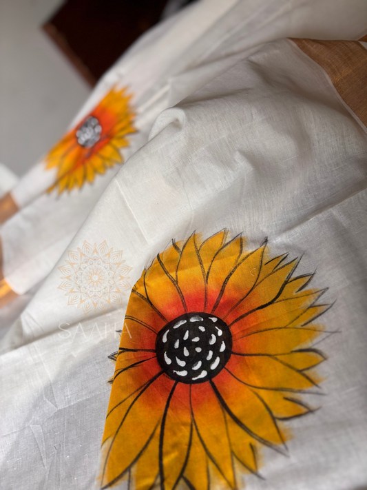 Sooryakanti_Handwoven Cotton Kerala Saree with handpainted sunflowers
