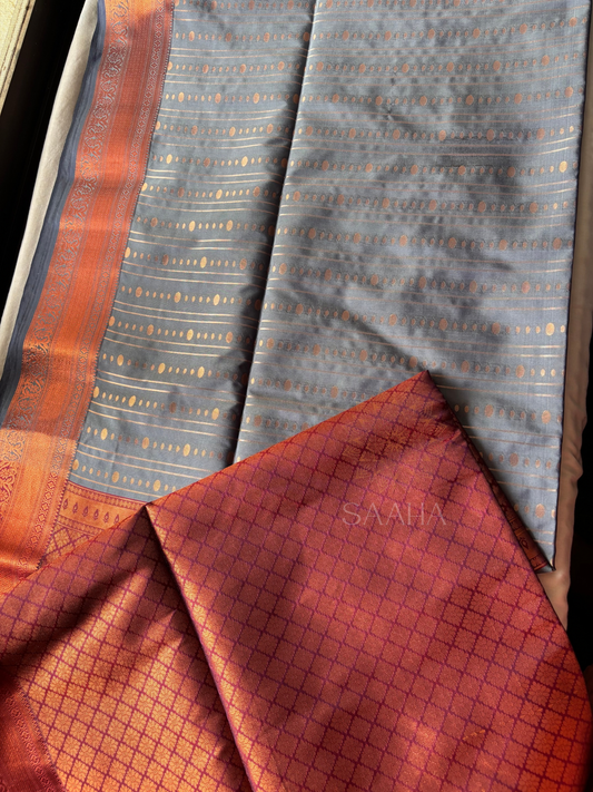Graphite & Garnet Kanjeevaram Semi Silk saree