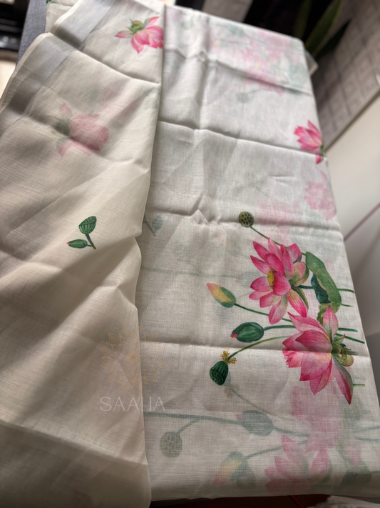 Neerja_Handwoven Linen Saree with Lotus prints