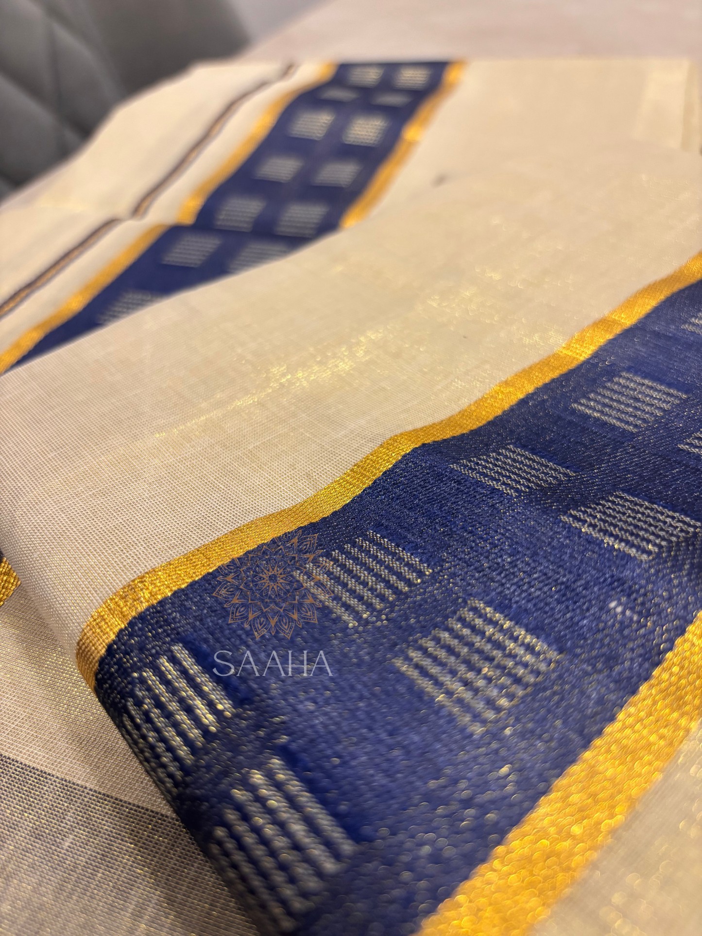 Neelakkurinji_Contemporary Kerala Set Mundu with Denim Blue Zari Border