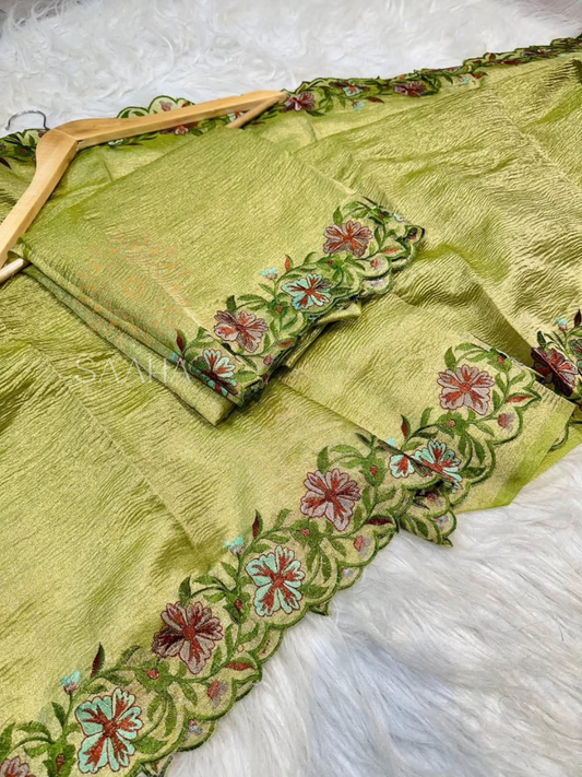 Garden Muse_Light Green Soft Crushed Banarasi Tissue Silk Saree